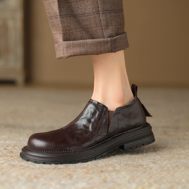 Leather Work Flats Women - British Style Round Toe Genuine Leather