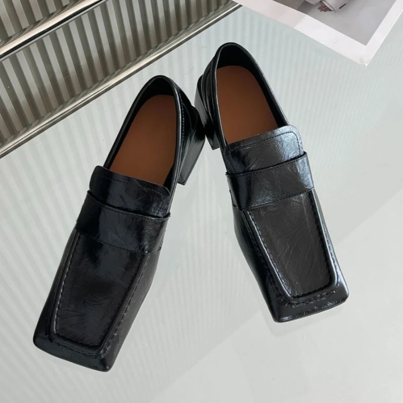 Women Square Toe Chunky Heel D - Leather Work Flats Women 评论和价格
