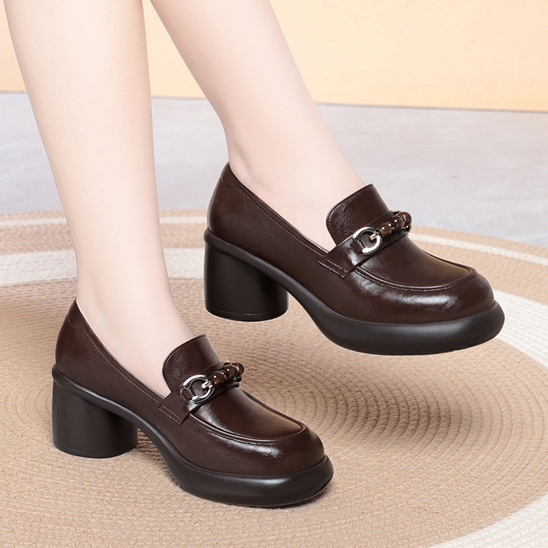 Women Chunky Heel Loafers Bead - Leather Work Flats Women 评论和价格