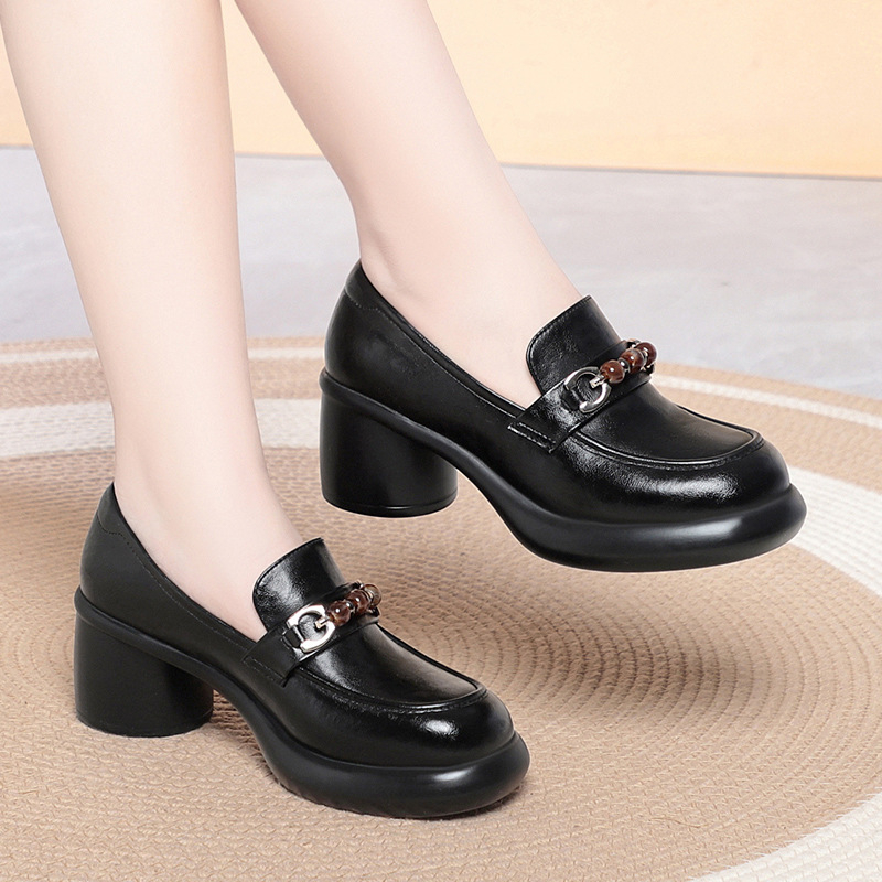 Women Chunky Heel Loafers Bead - Leather Work Flats Women 评论和价格