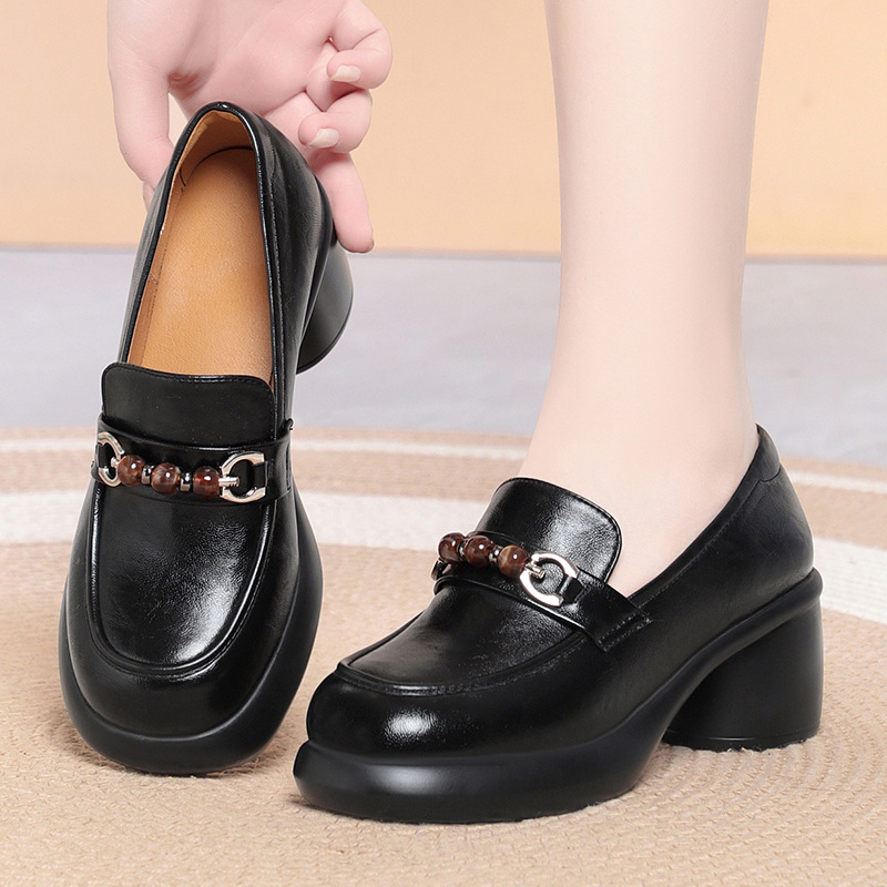Women Chunky Heel Loafers Bead - Leather Work Flats Women 评论和价格
