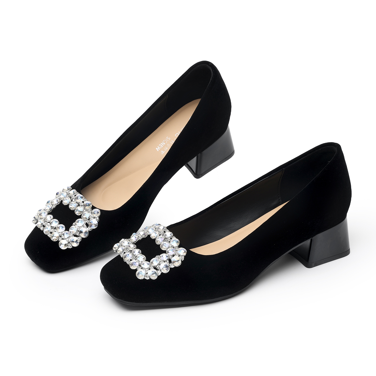 Rhinestone Square Buckle Chunk - Leather Work Women Shoes 评论和价格