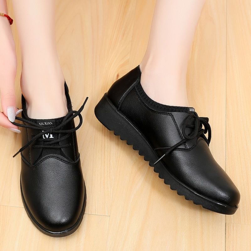 Solid Black Oxford Shoes Woman - Leather Work Flats Women 评论和价格