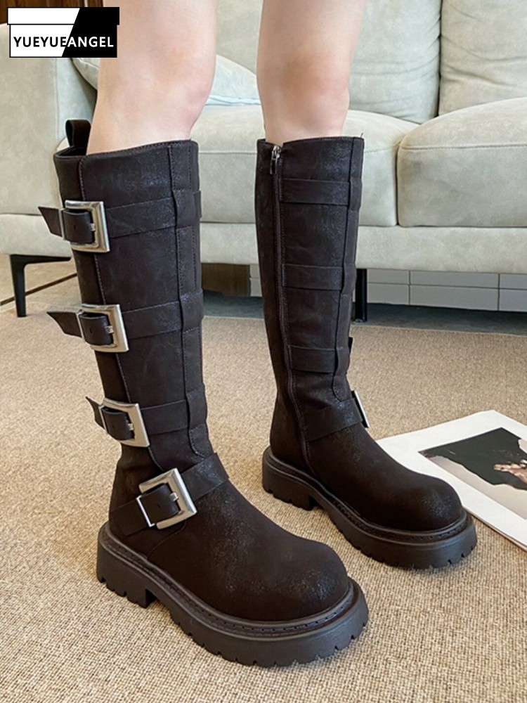 Fashion Women Multi Buckle Kne - Leather Work Women Shoes 评论和价格