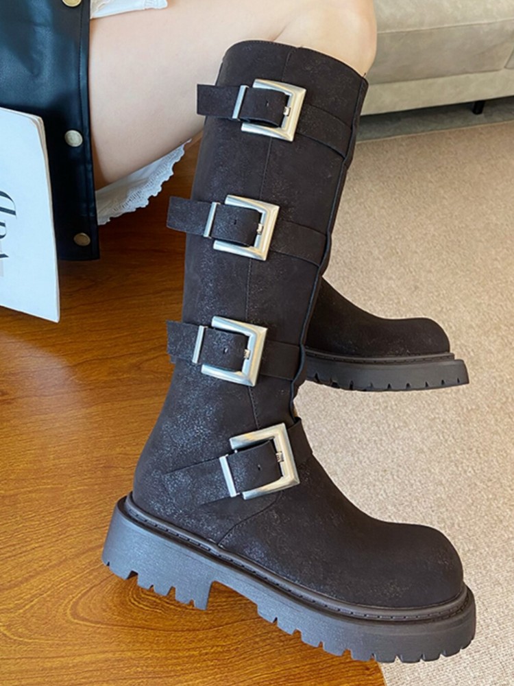 Fashion Women Multi Buckle Kne - Leather Work Women Shoes 评论和价格