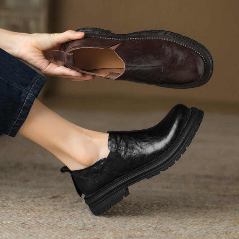 British Style Round Toe Genuin - Leather Work Flats Women 评论和价格